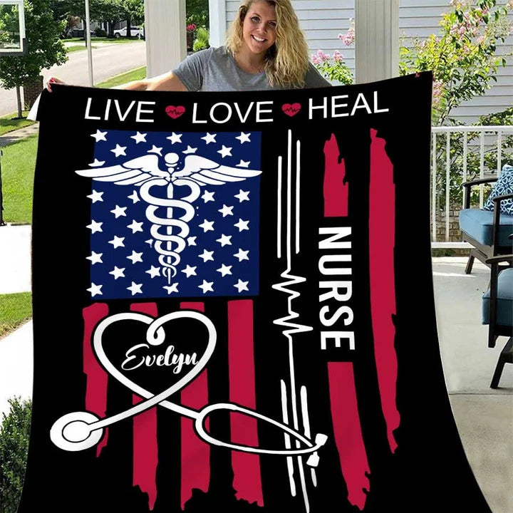 Personalized American Flag Nurse Blanket, Live Love Heal Fleece and Sherpa Nurse Blanket, Gift for Her and Him