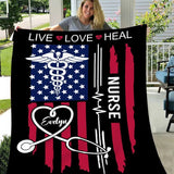 Personalized American Flag Nurse Blanket, Live Love Heal Fleece and Sherpa Nurse Blanket, Gift for Her and Him