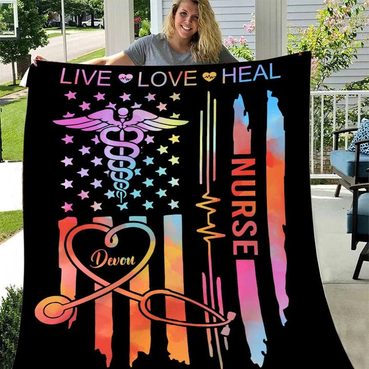 Personalized American Flag Nurse Blanket, Live Love Heal Fleece and Sherpa Nurse Blanket, Gift for Her and Him
