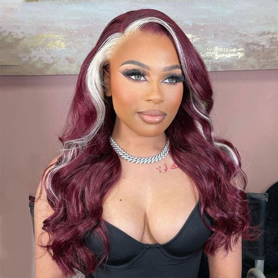 Neobeauty Hair Burgundy Skunk Stripe Hair Body Wave 13x4 Lace Front Wig 99J Hair Color Glueless Wigs for Beginners