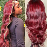 Neobeauty Hair Burgundy Skunk Stripe Hair Body Wave 13x4 Lace Front Wig 99J Hair Color Glueless Wigs for Beginners