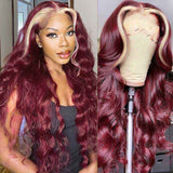 Neobeauty Hair Burgundy Skunk Stripe Hair Body Wave 13x4 Lace Front Wig 99J Hair Color Glueless Wigs for Beginners