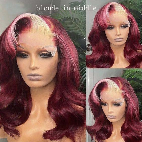 Neobeauty Hair Burgundy Skunk Stripe Hair Body Wave 13x4 Lace Front Wig 99J Hair Color Glueless Wigs for Beginners