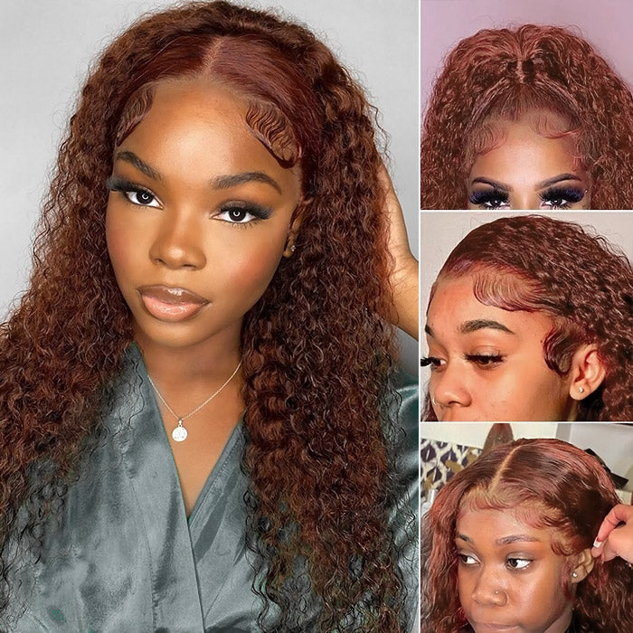 Neobeauty Density 150% Curly Wigs Reddish Brown Hair Glueless Lace Wig Dark Red Brown 13x4 Lace Front Wig