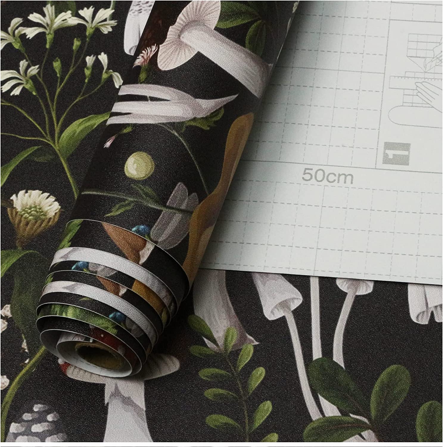 Peel and Stick Wallpaper Boho Mushroom Removable Stick on Contact Paper for Bathroom Black/Brown/Green