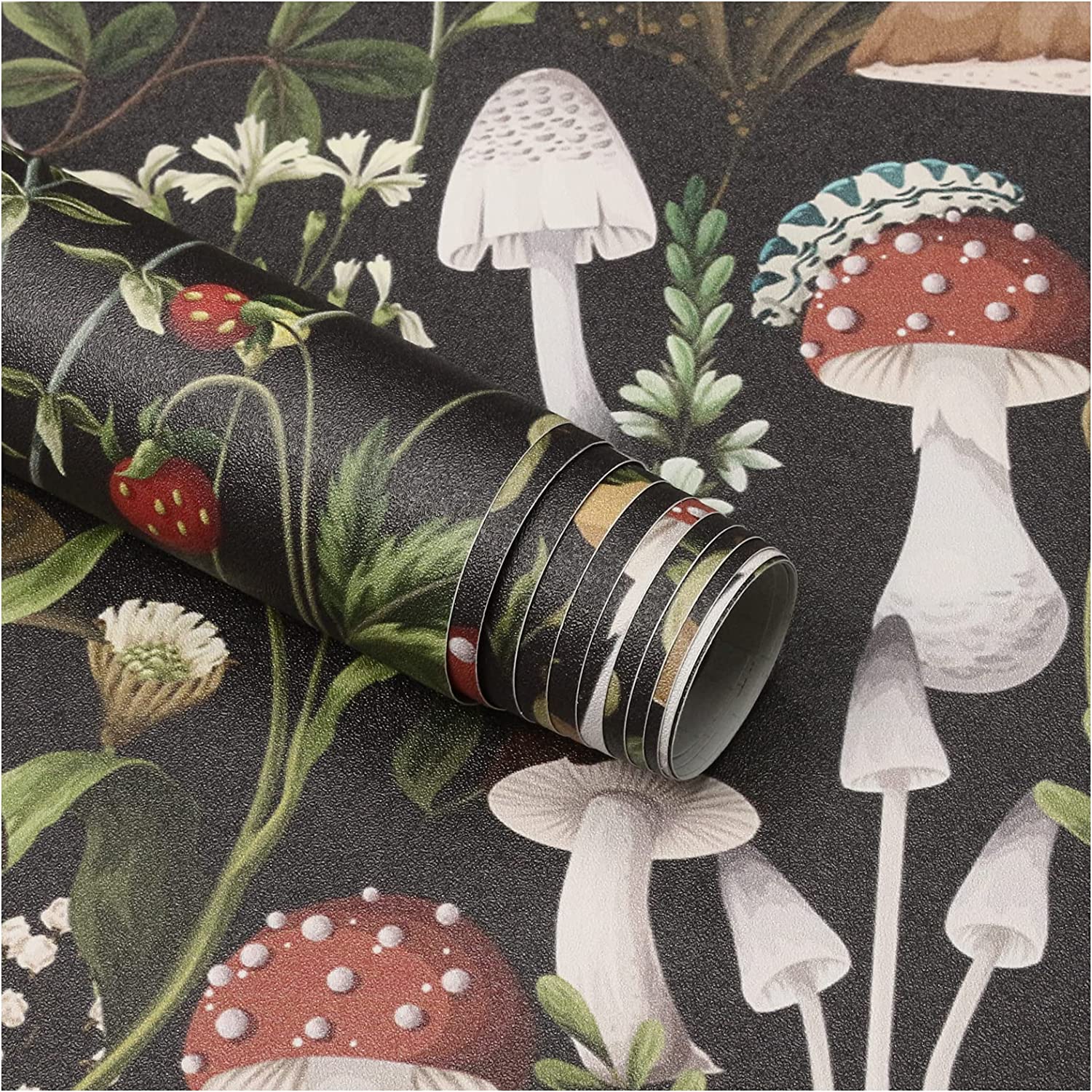 Peel and Stick Wallpaper Boho Mushroom Removable Stick on Contact Paper for Bathroom Black/Brown/Green