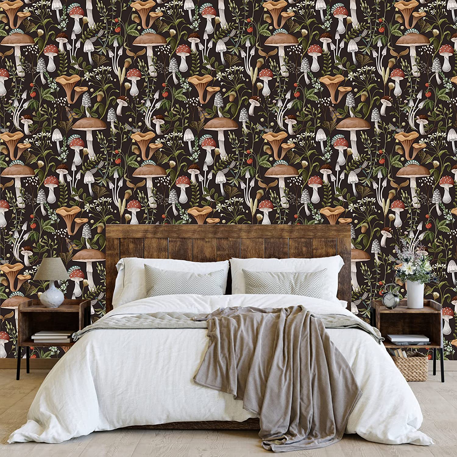 Peel and Stick Wallpaper Boho Mushroom Removable Stick on Contact Paper for Bathroom Black/Brown/Green