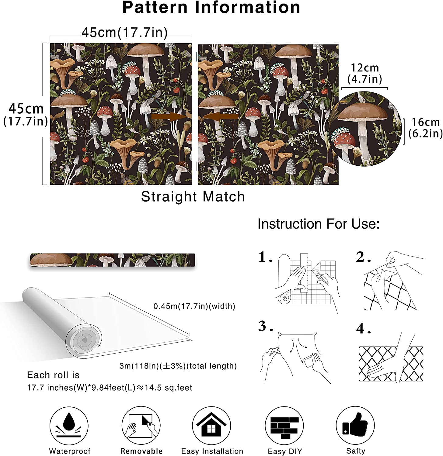 Peel and Stick Wallpaper Boho Mushroom Removable Stick on Contact Paper for Bathroom Black/Brown/Green