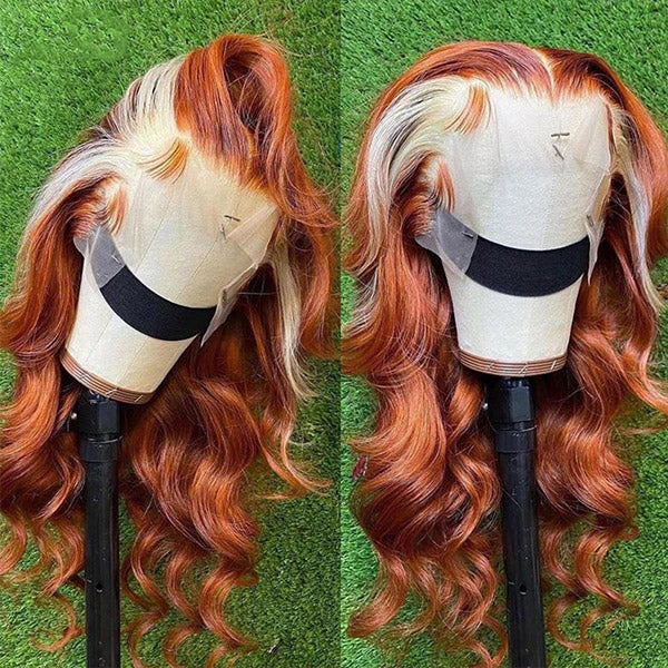 Neobeauty Hair Density 150% Skunk Stripe Hair 13*4 Wig Ginger Color with Blonde Highlights Body Wave Wig