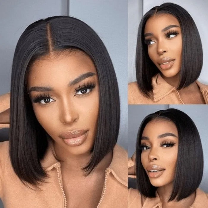 Neo Beauty hair Sleek Glueless Invisible HD Lace A Line Shoulder Length Bob 5x5 Lace Closure Black Wig