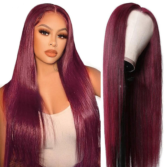 Neobeauty Hair Density 180% Burgundy Wig Straight Human Hair Wigs Transparent 13x4 Lace Front Wig Pre Plucked