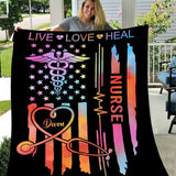 Personalized American Flag Nurse Blanket, Live Love Heal Fleece and Sherpa Nurse Blanket, Gift for Her and Him