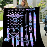 Personalized American Flag Nurse Blanket, Live Love Heal Fleece and Sherpa Nurse Blanket, Gift for Her and Him