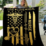 Personalized American Flag Nurse Blanket, Live Love Heal Fleece and Sherpa Nurse Blanket, Gift for Her and Him