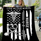 Personalized American Flag Nurse Blanket, Live Love Heal Fleece and Sherpa Nurse Blanket, Gift for Her and Him