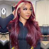 Neobeauty Hair Burgundy Skunk Stripe Hair Body Wave 13x4 Lace Front Wig 99J Hair Color Glueless Wigs for Beginners