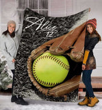 Customized Softball Blanket for Daughter, Ball and Gloves Softball Blanket for Her