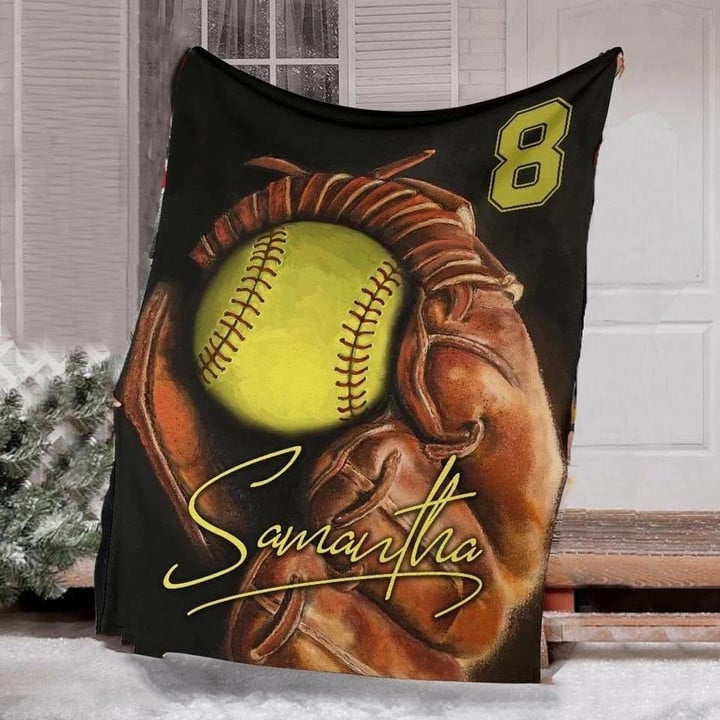 Customized Softball Blanket for Daughter, Ball and Gloves Softball Blanket for Her