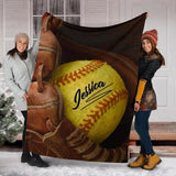 Customized Softball Blanket for Daughter, Ball and Gloves Softball Blanket for Her