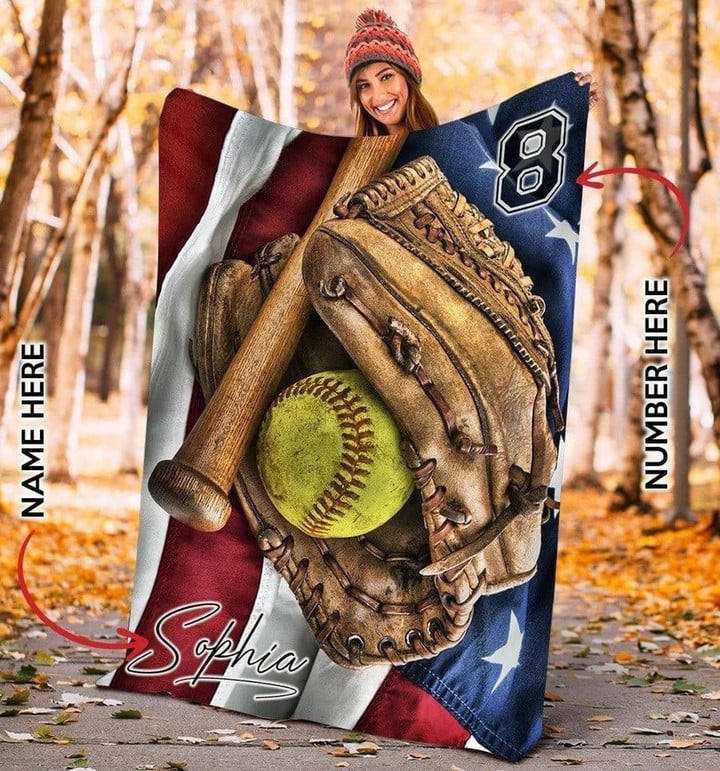 Customized Softball Blanket for Daughter, Ball and Gloves Softball Blanket for Her