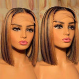 Neobeauty Ombre Highlight Straight Short Bob Lace Closure Wigs Honey Blonde Piano Color