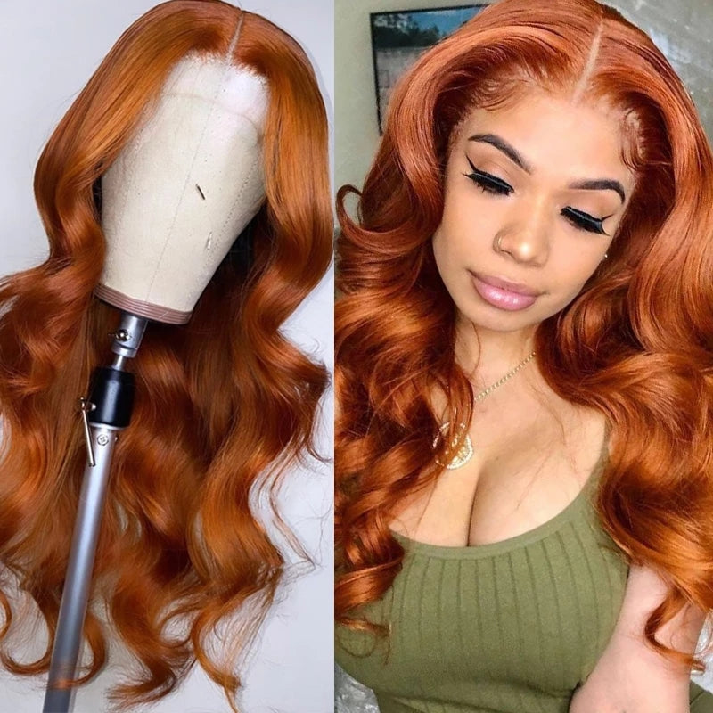 Neobeauty Body Wave Wig Middle Part Transparent Lace Wig Orange Ginger Color