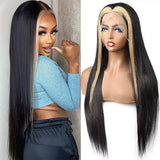 Neobeauty 13x4x1 Straight Skunk Stripe Hair Transparent Lace Front Human Hair Wig Black with Blonde Highlight Color