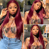 Neobeauty Hair Density 180% Burgundy Wig Straight Human Hair Wigs Transparent 13x4 Lace Front Wig Pre Plucked