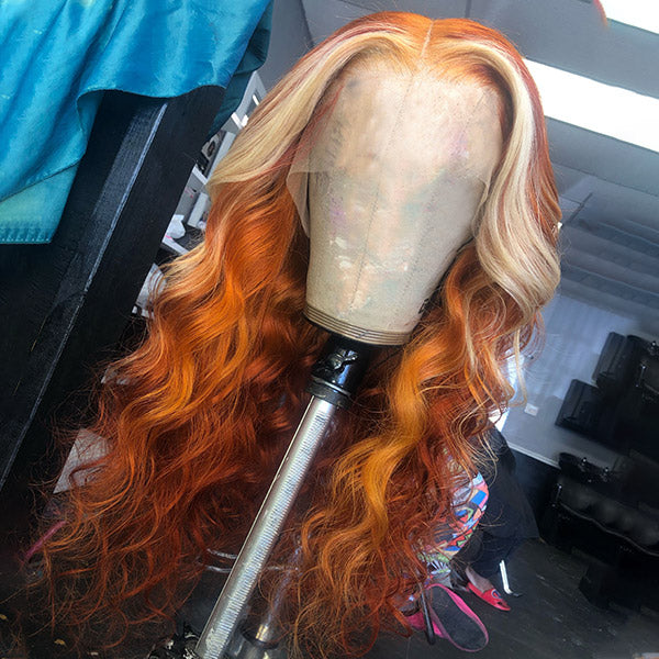 Neobeauty Hair Density 150% Skunk Stripe Hair 13*4 Wig Ginger Color with Blonde Highlights Body Wave Wig