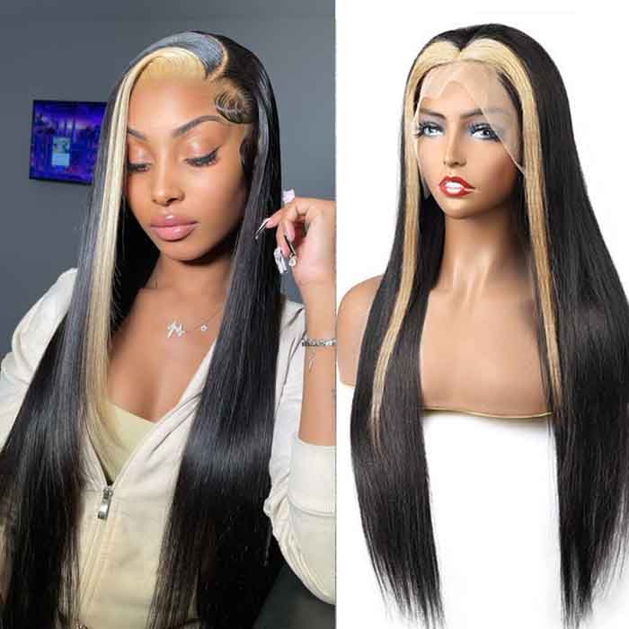 Neobeauty 13x4x1 Straight Skunk Stripe Hair Transparent Lace Front Human Hair Wig Black with Blonde Highlight Color