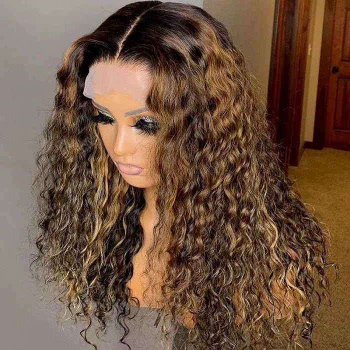 Neobeautyhair Ombre Honey Blonde Money Piece Highlight Lace Front Curly Human Hair Wigs